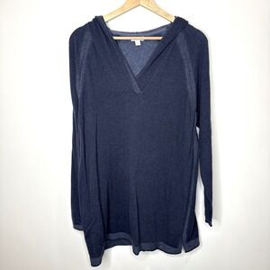 J.Jill Hoodie Sweater Tunic Top Women's L Blue Knit Hooded Nautical V Neck Sport